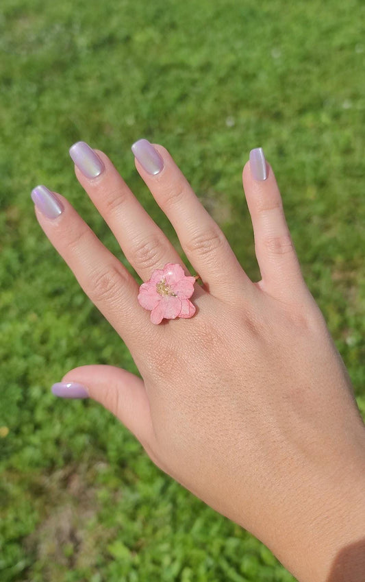 Real Pink Larkspur Flower Adjustable Ring