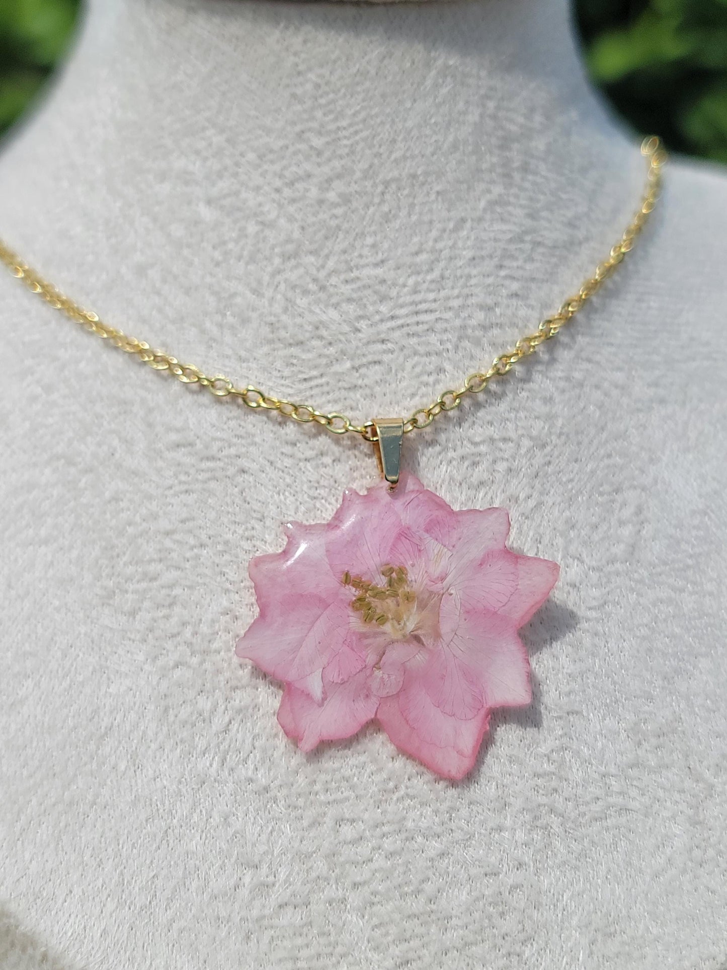 Real Pink Larkspur Flower Necklace
