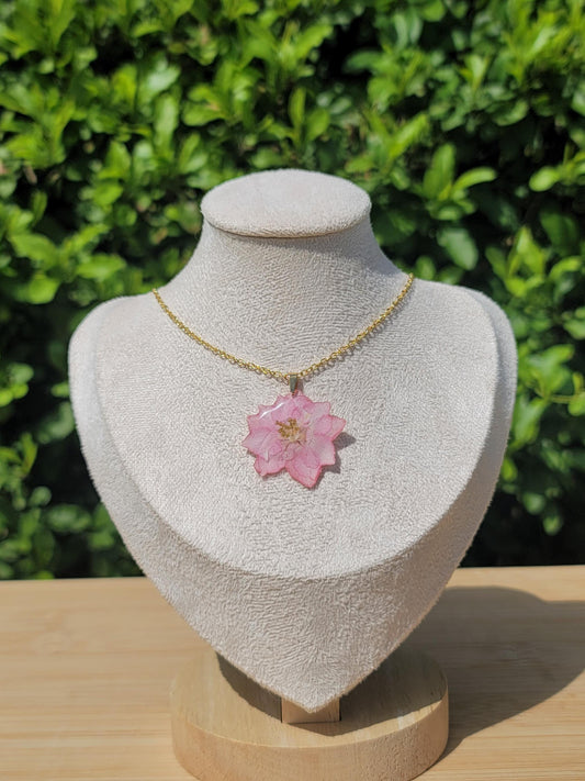 Real Pink Larkspur Flower Necklace