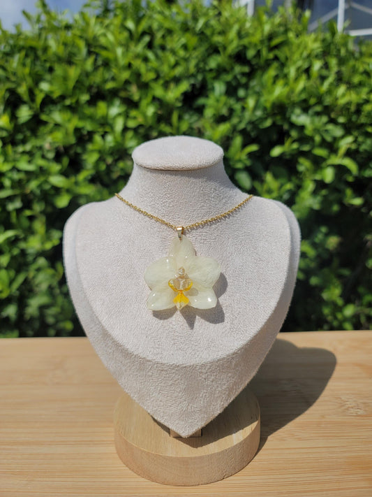 Real Preserved Pale Yellow Mini Orchid 18k Gold Plated Necklace