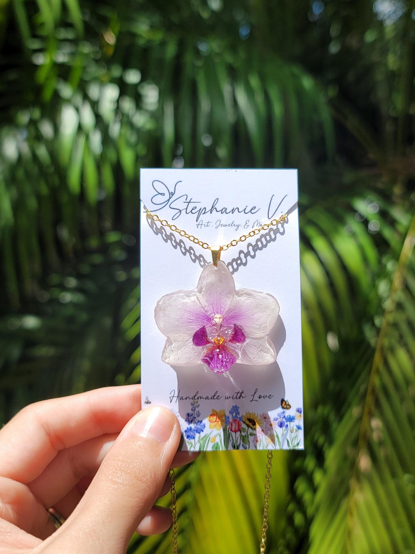 Real Preserved White Purple Mini Orchid Flower Necklace