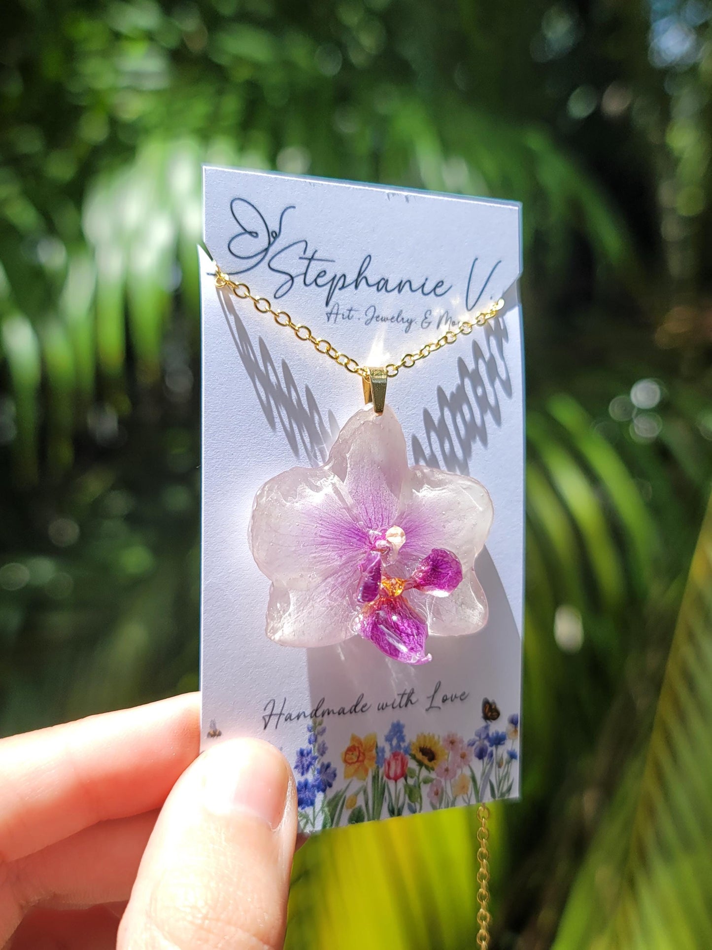 Real Preserved White Purple Mini Orchid Flower Necklace