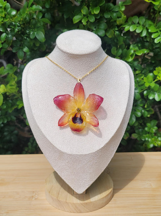 Red-Yellow Sunset Real Orchid Flower Necklace