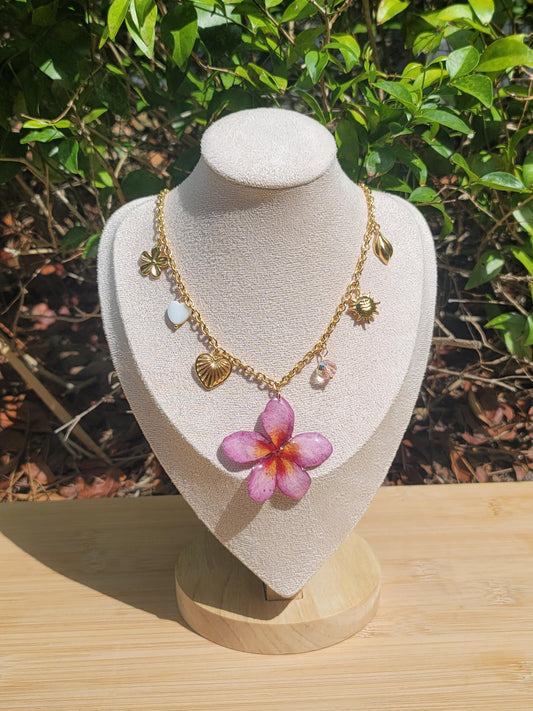 Pink Plumeria Gold Plated Stainless Steel Charm Necklace