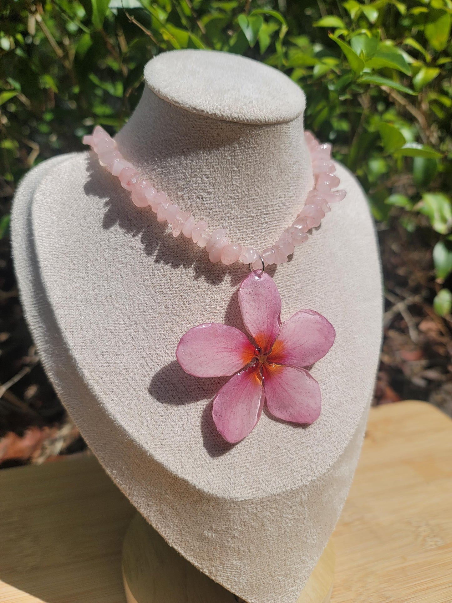 Pink Real Plumeria Flower Rose Quartz Beaded Necklace