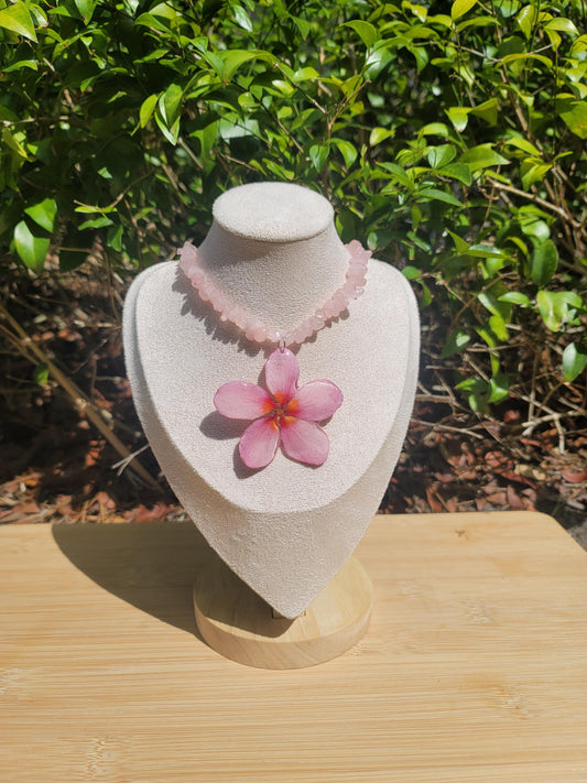 Pink Real Plumeria Flower Rose Quartz Beaded Necklace