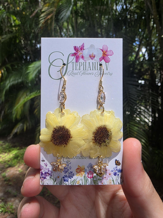 Real Mini Sunflower 18K Gold Plated Earrings