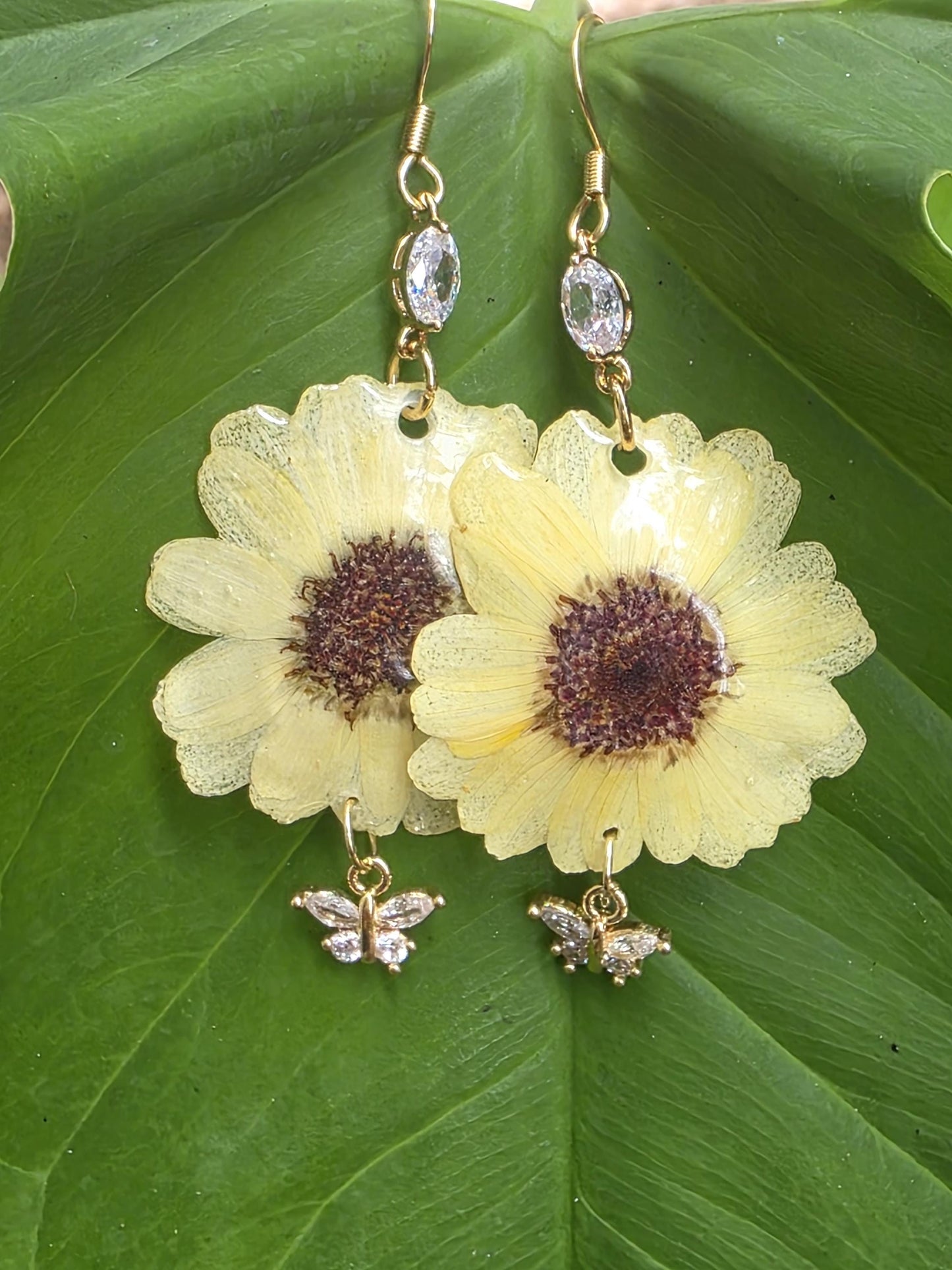 Real Mini Sunflower 18K Gold Plated Earrings