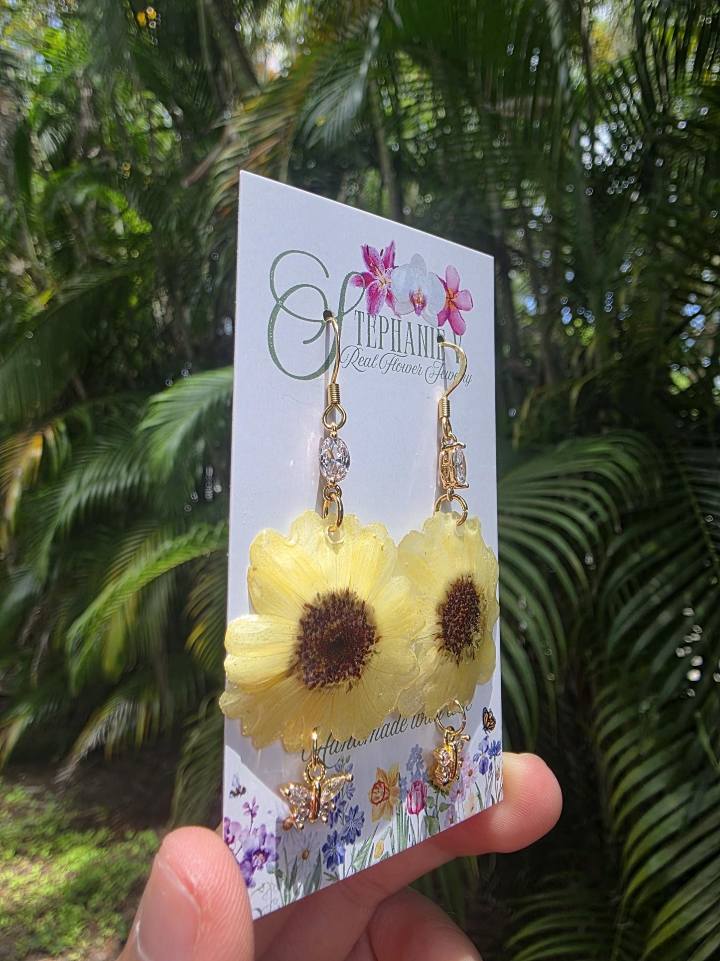 Real Mini Sunflower 18K Gold Plated Earrings