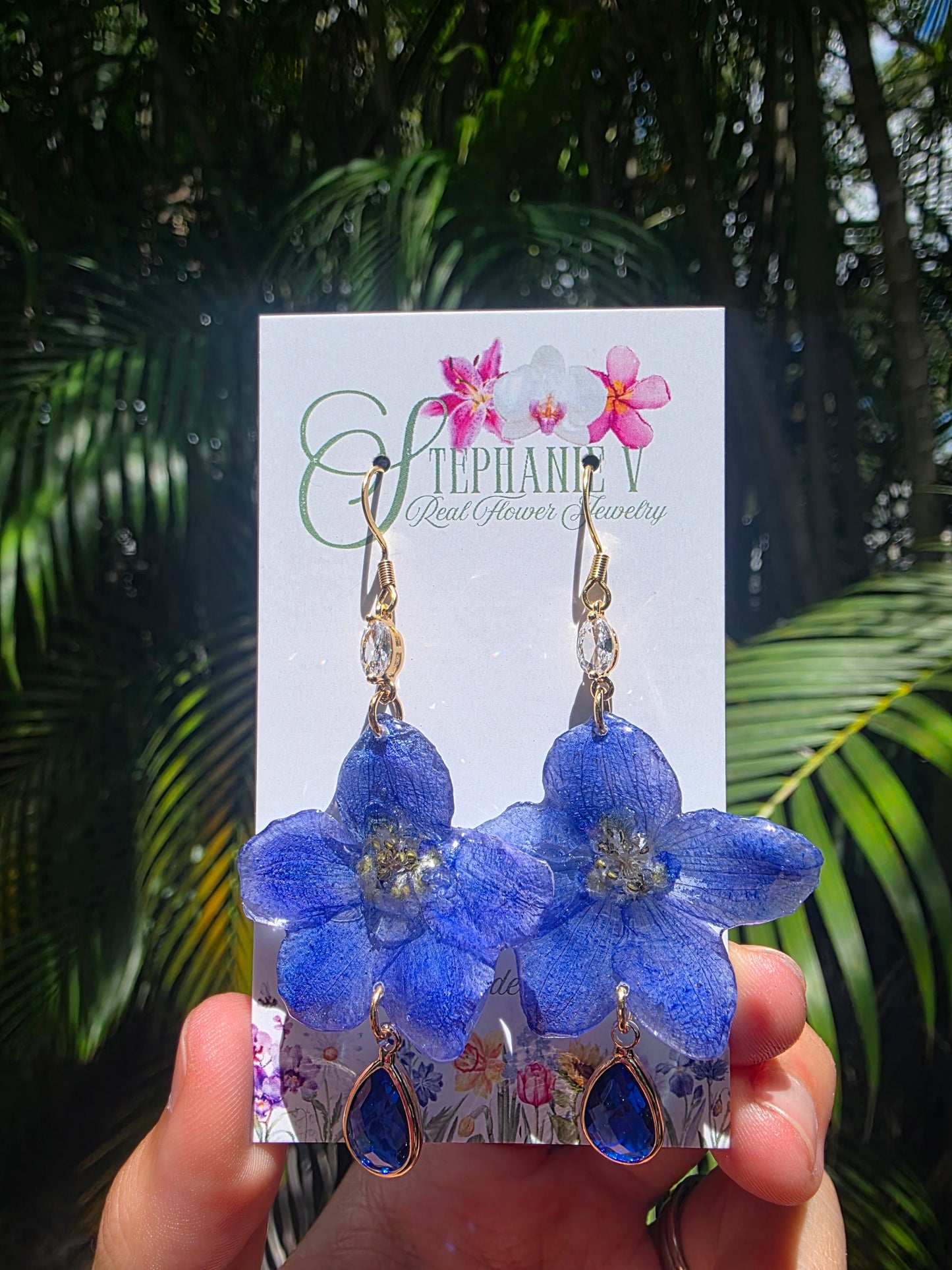 Blue Delphinium flower 18k Gold Plated Earrings