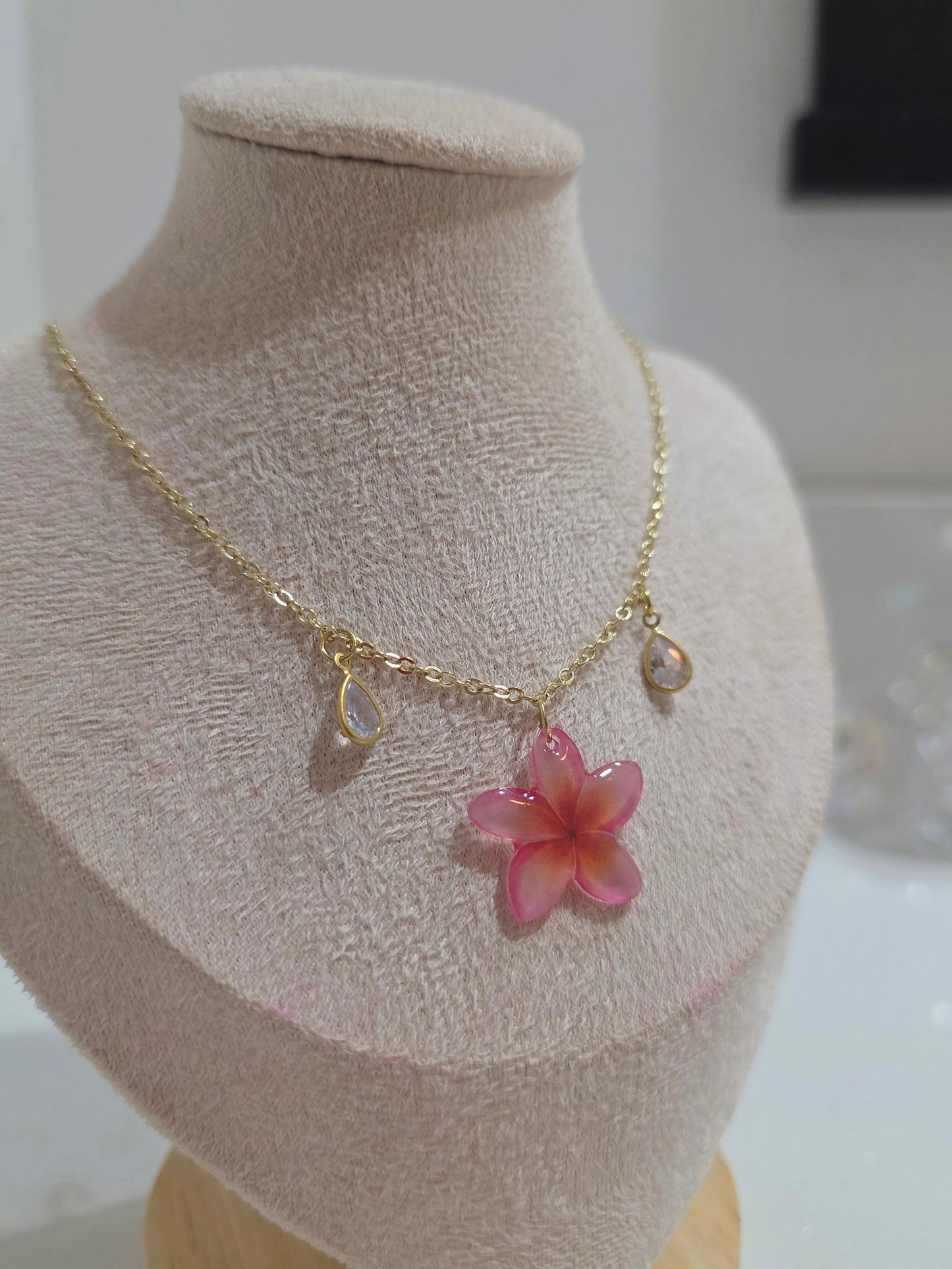 Pink Plumeria Charm 18k Gold plated Necklace
