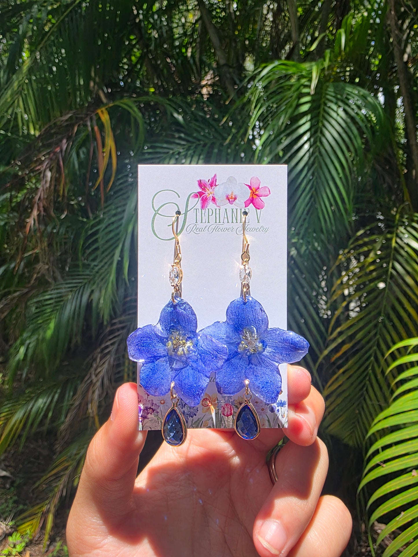 Blue Delphinium flower 18k Gold Plated Earrings