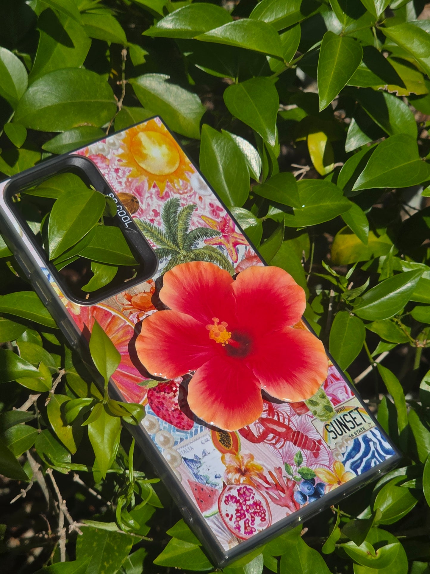 Orange red Hibiscus flower phone grip